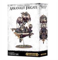 This multi-part plastic kit contains the components necessary to assemble an Arkanaut Frigate.  This kit comes as 88 components and includes a Citadel 120mm Oval base, with  a 50mm ball and socket flying stem.