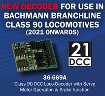 DCC decoder for Bachmann class 90 electric locomotives with functions programmed to operate the servo-controlled pantograph.