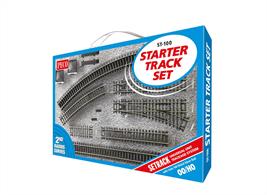 This starter track pack contains sufficient track sections to construct an oval circuit, plus two points to allow sidings to be added.This pack is a great way to start your own train set, add your controller locomotive, coaches and wagons to make up the train you want.The two points supplied allow you to add sidings to your layout from the outset. Sidings let you shunt your trains, attach and detach wagons, or simply store one train while another train is running. The layout can be further expanded using Peco Setrack, or the similar sectional track from Hornby and Bachmann, all these ranges using the same rail and fishplate connectors.A track plans book is supplied with the set, full of ideas and suggestions for interesting layouts. Base oval layout requires a space of 1626 x 991mm 64 x 39 inch.