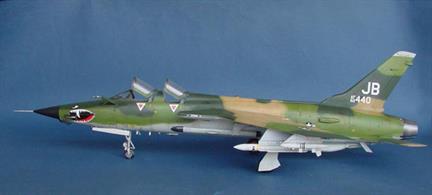 An excellent plastic kit to build a detailed model of the US Air Force F-105G Wild Weasel, a developed version of the F-105 jet fighter equiped with advanced (for the late 1960's) avionics and electronic counter measures systems, resulting in a plethora of distinctive antennae being fitted.