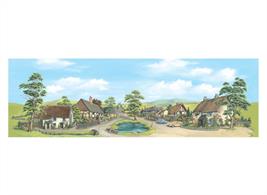 Village pond scene surrounded with thatched and half-timbered houses.Small size, 343mm x 178mm (13½in x 7in)