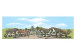 Country town centre scene with half-timbered coaching inn and church in the background.Small size, 343mm x 178mm (13½in x 7in)