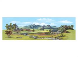 Country scene with river running through the scene and cottages in the mid ground, with high peaks in the far distance.MediumÂ size, 559mm x 178mm (22in x 7in)