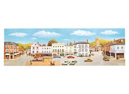 Market town central market square scene, bordered by shops and hotel.MediumÂ size, 559mm x 178mm (22in x 7in)