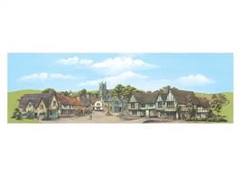 Country town centre scene with half-timbered coaching inn and church in the background.Large size, 737mm x 228mm (29in x 9in)