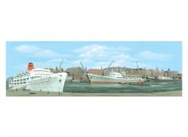 Port or dock scene with ships at berths.Large size, 737mm x 228mm (29in x 9in)