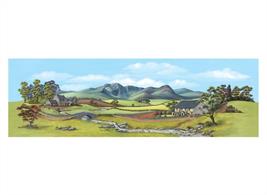 Country scene with river running through the scene and cottages in the mid ground, with high peaks in the far distance.Large size, 737mm x 228mm (29in x 9in)