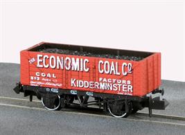 A detailed model of a wagon built by the Gloucester Railway Carriage and Wagon Company for The Economic Coal Company of Kidderminster.Although not a widely known coal company The Economic Coal Company were a firm of coal factors in  Kidderminster bought wagons from the Gloucester RC&amp;W co. in 1910 and continued to trade until the company was wound up in 1966. Coal Factors were companies who purchased coal on contract from collieries, usually undertaking to take an agreed regular tonnage per month and then sold the coal on to local merchants in wagon-loads. This allowed local merchants to offer a range of coals, including types of coal not readily available from local collieries and obtain single loads quickly when they wanted them. Coal factors' wagons often travelled widely to bring in a range of types of coal, The Economic Coal Company wagons might well have made regular journeys to the Forest of Dean, South Wales and Bristol/North Somerset coalfields and might even have been sent beyond the Midlands and Black Country to collect coal from the north of England. The fitting of a small bracket to allow a destination label to be attached after the lettering 'Empty to' suggests the company bought coal from a number of collieries rather than one regular source.This wagon is supplied with a removable coal load.