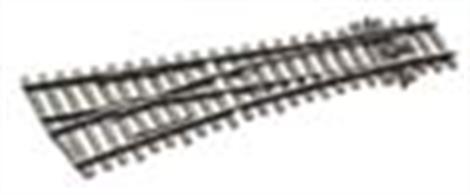 Peco OO finescale code 75 Electrofrog small radius right hand point. A useful smaller radius point for yard tracks without compromising too far on curve radius.Nominal radius: 610mm (24in) Angle: 12º Length: 185mm (7 ¼in).NB The small radius points are too short to be used to build a yard 'ladder' as the tracks will be too close together, but can be combined with a Y point to create a 'fan' yard. Plan to space track centrelines at 2in and double check that all tracks are at more than 1¾in centres before final fixing down.Templates for Peco points are available from the Peco website.