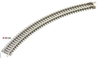 Double length 2nd radius curve track section. Radius 10 3/8in (263.5mm) angle 45 degrees. 8 required to complete a circle.Double curves allow circuits to be built more quickly and with fewer joints. Larger radius curves allow for higher train speeds.Peco track is manufactured in Great Britain using quality nickel-silver rail which offers good electrical conductivity and corrosion resistance. Setrack track is supplied with fishplates already fitted and is compatible with the track supplied with Graham Farish train sets. Suitable for use with all manufactuers' N gauge model trains.