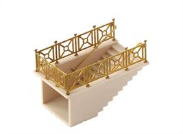 Fits into the platform without the need to cut into the baseboard. This kit makes two staircase units of can be modified to make one of greater depth. Handrails and balustrades are brass etched for a scale appearence. Designed primarily for stations, it can be used in many other situations.