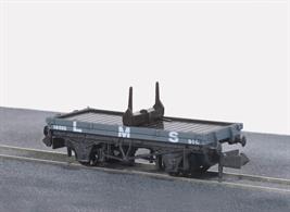 A pair of timber bolster wagons in the LMS goods grey.Railway companies all had a stock of their own vehicles for carrying goods and merchandise around their network, and also onto other companies' routes as and when required. These were integrated into British Railways at Nationalisation; some of them to be once more re liveried under sectorisation as the network was prepared to be returned to private ownership. All Peco wagons feature free running wheels in pin point axles. The ELC coupling, whilst compatible with the standard N gauge couplings, keeps a realistic distance between the vehicles and enables the PL-25 electro magnetic decoupler to be used for remote uncoupling.