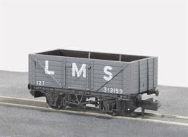 Model of a LMS 7 plank open merchandise wagon in grey livery.Railway companies all had a stock of their own vehicles for carrying goods and merchandise around their network, and also onto other companies' routes as and when required. These were integrated into British Railways at Nationalisation; some of them to be once more re liveried under sectorisation as the network was prepared to be returned to private ownership. All Peco wagons feature free running wheels in pin point axles. The ELC coupling, whilst compatible with the standard N gauge couplings, keeps a realistic distance between the vehicles and enables the PL-25 electro magnetic decoupler to be used for remote uncoupling.