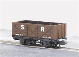 Model of a Southern Railway 7 plank open merchandise wagon finished in SR brown livery.