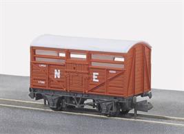 Model of a LNER cattle wagon in bauxite liveryRailway companies all had a stock of their own vehicles for carrying goods and merchandise around their network, and also onto other companies' routes as and when required. These were integrated into British Railways at Nationalisation; some of them to be once more re liveried under sectorisation as the network was prepared to be returned to private ownership. All Peco wagons feature free running wheels in pin point axles. The ELC coupling, whilst compatible with the standard N gauge couplings, keeps a realistic distance between the vehicles and enables the PL-25 electro magnetic decoupler to be used for remote uncoupling.