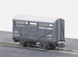 Model of a LMS cattle wagon in grey liveryRailway companies all had a stock of their own vehicles for carrying goods and merchandise around their network, and also onto other companies' routes as and when required. These were integrated into British Railways at Nationalisation; some of them to be once more re liveried under sectorisation as the network was prepared to be returned to private ownership. All Peco wagons feature free running wheels in pin point axles. The ELC coupling, whilst compatible with the standard N gauge couplings, keeps a realistic distance between the vehicles and enables the PL-25 electro magnetic decoupler to be used for remote uncoupling.