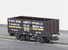 Peco N Gauge model of a Gloucester RCW-built 7 plank open coal wagon in service with the well-known industrial conglomerate of Geust, Keen and Nettleford, or GKN.Guest, Keen &amp; Nettlefolds, or GKN as it was later more commonly known, was formed in the early 1900s by the amalgamation of Patent Nut &amp; Bolt, Dowlais Iron Company, Guest &amp; Co. and Nettlefolds Limited. They operated a very large fleet of wagons, including examples of this purple-brown with yellow band 7-plank coal wagon. Built by The Gloucester Railway Carriage &amp; Wagon Company, Peco are particularly pleased with the reproduction of the Gloucester G builders plates on the sole-bar.