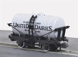 United Dairies 4 wheel bulk milk tank wagon.The construction of country dairy plants allowed milk to be forwarded to city depots in bulk instead of in small individual churns. These milk tank wagons were built using the base design of the oil tank wagons then in use, though intended to run in faster stopping passenger and parcels trains. The 4 wheel chassis proved unsuited to this and a 6-wheeled design became standard for milk tank wagons.This model recreates one of the early wagons, some of which could be used on shorter distance deliveries where speeds was less important.