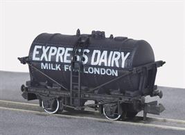 Express Dairies 4 wheel bulk milk tank wagon.The construction of country dairy plants allowed milk to be forwarded to city depots in bulk instead of in small individual churns. These milk tank wagons were built using the base design of the oil tank wagons then in use, though intended to run in faster stopping passenger and parcels trains. The 4 wheel chassis proved unsuited to this and a 6-wheeled design became standard for milk tank wagons.This model recreates one of the early wagons, some of which could be used on shorter distance deliveries where speeds was less important.