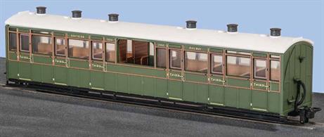 The Lynton and Barnstaple Railways coaches were large and well appointed vehicles built by the Bristol Carriage and Wagon company. In consideration of the scenery along the line many coaches had observation saloons, four third class coaches having an unglazed central observation saloon compartment producing a coach characteristic to the L&amp;B. This model is painted in Southern Railway green livery.Length 167mm over couplings