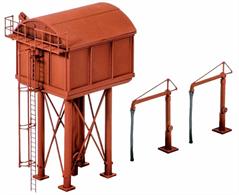 This common type of water tower is usually found tucked away and used to supply individual water cranes (2 included with kit - Ratio Water Crane kit 212 is available if more are required). The water flow was controlled from the hand wheels on the cranes. Supplied with pre-coloured parts, painting and/or weathering can add realism; glue is required to complete this model. Footprint 34mm x 29mm