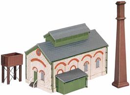 This versatile building would contain a boiler to provide steam either for a pump raising water or to generate electricity for a small factory. Sometimes a short siding was provided alongside for coal deliveries. Kit includes the main building, brick chimney, water tank and outbuilding. Supplied with some pre-coloured parts, painting and/or weathering can add realism; glue is required to complete this model. Footprint 95mm x 65mm