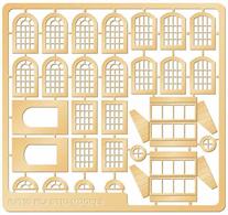 Etched brass Industrial style windows. This pack contains:  • 8 11mm x 6mm Round Top Window Frames  • 6 10mm x 6mm Round Top Window Frames  • 4 6mm x 9mm Rectangular Windows Frames • 2 15mm x 12mm Skylight Frames  • 2 3mm Diameter Porthole Window Frames  • 4 Small half Round Window Frames