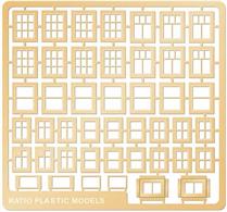 Etched brass Domestic style windows in 3 sizes. This pack contains:  • 21 9mm x 6mm Windows (various styles) • 18 6mm x 4mm Windows (various styles) • 2 8mm x 5mm Windows