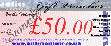 An ideal method to ensure you give the right things from our extensive slection of models and kits. Gift vouchers can be used at Antics shops and on mail orders placed through the web site.All Ways In stock!