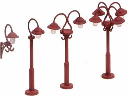 Includes 9 non working lamps with a selection or parts to make double or single standard lamps, or wall lamps. Glue and paints required to complete model. Height 46mm.
