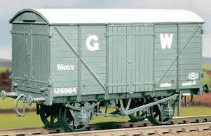 The GWR 'MOGO' vans were built between 1933 and 1936 to convey motor cars. Based on the standard GWR 10ft wheelbase RCH underframe box van the MOGOs were equipped with end doors and drop-down flaps to allow cars to be driven in and out using an end loading dock.This kit has been produced under the Ratio banner for many years and has now been combined with the Parkside range of kits.