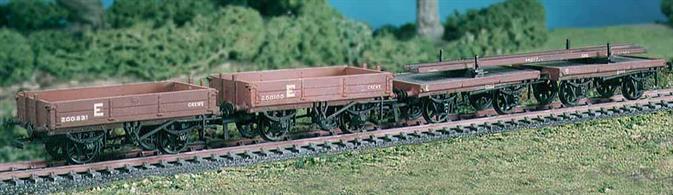 This kit builds a set of 4 LNWR / LMS wagons comprising a pair of close-coupled single bolster wagons for carrying long loads like rail or bridge girders and 2 low sided open wagons which would typically convey sleepers, ballast and track maintenance tools. Kit includes metal wheels, transfers, metal buffer heads and the rail load as shown. This kit has been produced under the Ratio banner for many years and has now been merged into the Parkside range of plastic wagon kits.