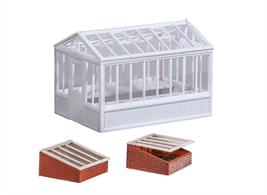 Footprints: Greenhouse 56mm x 41mm, Cold Frames 26mm x 25mm each (glazing included). Supplied with pre-coloured parts although painting and/or weathering can add realism; glue is required to complete this model.