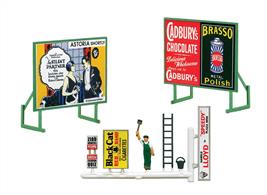 Kit includes 2 large hoardings plus 3 smaller ones, Bill Stickers himself plus ladder and paste bucket, plus a sheet of 40 posters. Supplied with pre-coloured parts although painting and/or weathering can add realism; glue is required to complete this model. Footprint 58mm x 32mm each.