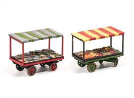 Street traders use these type of stalls to sell a whole range of produce from fruit and vegetables through to clothing and household goods. 2 carts in each pack. Supplied with pre-coloured parts although painting and/or weathering can add realism; glue is required to complete this model.Footprint: 41mm x 21mm each.