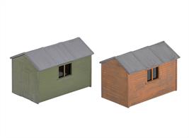 2 Garden sheds, each 57mm x 28mm. Supplied with pre-coloured parts although painting and/or weathering can add realism; glue is required to complete this model.