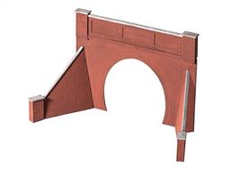This single track Tunnel Mouth is 133mm wide x 108mm high; total footprint is 180mm x 72mm including wing walls. Supplied with pre-coloured parts although painting and/or weathering can add realism; glue is required to complete this model.