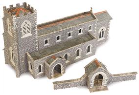 Metcalfe models offer a low-cost range of buildings for the railway and die-cast enthusiast. The quality of these kits really shines through, with high quality printing and imaginative subjects. The kits are supplied in thick card, making for a surprisingly sturdy finished item. A finely detailed semi Gothic building with cut recessed stone windows and clear glazing.
