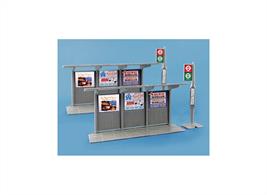 Pack contains 2 Bus Stops and Shelters plus stick on signs. See Modelscene Passengers Standing Sets A and B 5057 and 5058.