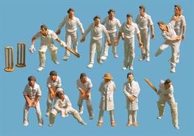 Model Scene 5300 Cricket Team plus opposing team batsmen, wickets and umpires.Set of 15 cricketer figures comprising batsmen, bowler, fielders and umpires plus a pair of wickets.
