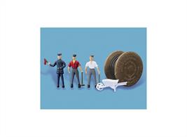 Pack contains 3 painted figures, Cable Drum and Wheelbarrow. Use Modelscene 5079 Cable Drums to extend this set.
