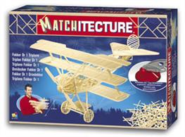 Matchitecture Fokker DR1 Matchstick Kit MT6610These kits mark a new development in the world of matchmodelling.Gone are the traditional cardboard formers. Instead you have a set of paper plans which you place underneath the protective clear sheet on the building board and assemble micro beams. When all sub assemblies have been constructed, simply join together to produce your match masterpiece.Finished size of model:Length: 406mm (16")Height: 216mm (8 1/2") Width: 457mm (18")