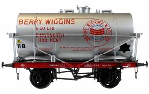 Detailed model of a WW2 Air Ministry standard design of oil tank wagon operated by Berry Wiggins &amp; Co. and finished in the silver livery mandated for class A fuel oils, a classification which included petrol, ethanol, methanol and solvents.The Berry Wiggins company operated a refinery at Kingsnorth (Isle of Grain) with distribution depots across Britain, sometimes in quite obscure locations such as Whimsey in the Forest of Dean.
