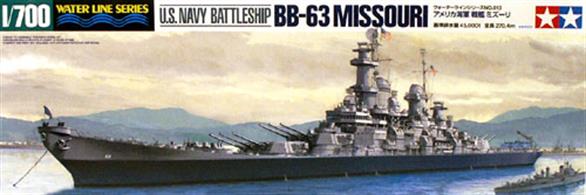 Tamiya 1/700 US Navy Battleship Missouri BB63 WW2 Waterline Series 31613The long and narrow form of USS Missouri's hull has been accurately replicated.The model includes two types of floatplanes, Vought OS2U Kingfishers and Curtiss SC-1 Seahawks.Glue and paints are required