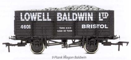 Dapol 4F-090-001 OO Gauge Lowell Baldwin Ltd. 9 Plank Open Coal WagonA large coal factor company, Lowell Baldwin of Bristol supplied coal to many industrial consumers, justifying the purchase of these large capacity wagons. The higher capacity were ideal wagons for delivering coal for the boilers of many industries and town gas plant, where large quantities of coal were required daily.20-ton capacity coal wagons became more popular in the 1930's, as the railway companies offered a better rate per ton for coal haulage in these larger wagons. The railway company gained in efficiency, moving fewer wagons needed less locomtoive power and less shunting to deliver the same weight of coal loaded in older 10-ton wagons. To assist with unloading these high-capacity wagons two doors were fitted in each side, plus end and often four bottom hatch doors.