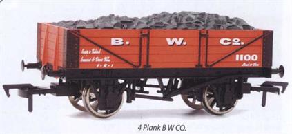 Dapol 4F-040-001 OO Gauge B W Co. 4-Plank Open Wagon with Coal LoadA 4-plank open wagon painted in the red livery of B W company.This wagon is marked for return to Radstock on the Somerset and Dorset railway.