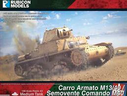 Plastic kit to build one model of an Italian Carro Armato medium tank which can be finished as either a M13/40 turreted tank or a Semovente Comando M40 turret-less command tank.Turret and chassis hatches can be modelled open or closed. Tank crew figures included.