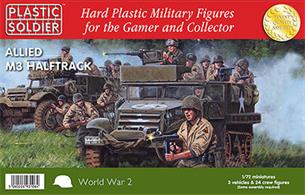 3 x 1/72nd M3 Halftracks with options to build either M3 or M3A1 versions with 8 US crew figures per vehicle and extra stowage