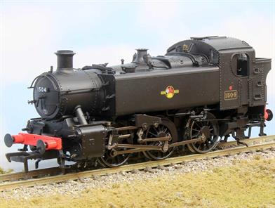 Model of Hawksworth design GWR 15xx class 0-6-0PT pannier tank locomotive 1504 finished in standard BR plain black livery with the later British Railways lion holding wheel heraldic crest.DCC Ready with socket for Next18 decoder.