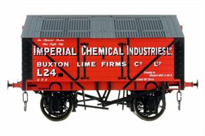 Model of a peak roof covered lime van finished in the red livery of ICI, Imperial Chemical Industries, running number L24.This detailed model replicates a wagon built to the 1887 RCH standard with wood underframe and grease lubricated axleboxes based on wagons constructed by the Gloucester RCW company.